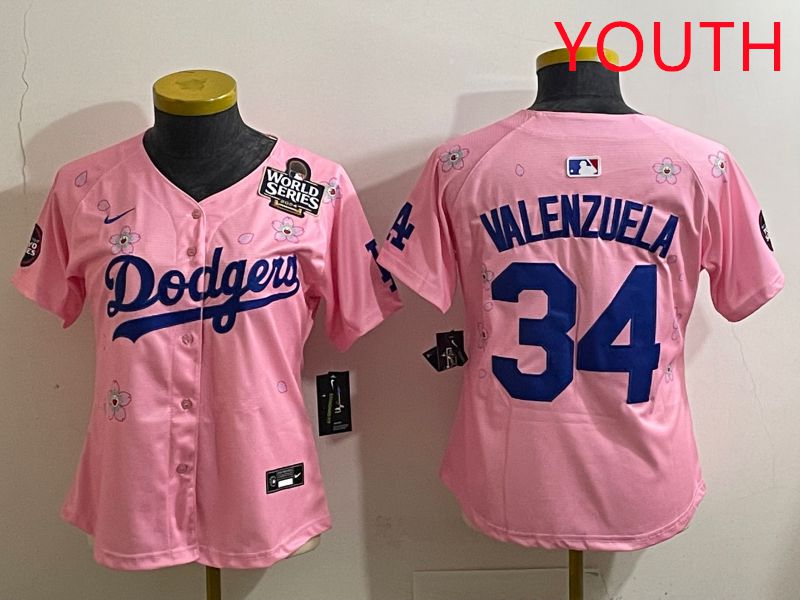 Youth Los Angeles Dodgers #34 Valenzuela Pink Sakura Edition 2025 Nike MLB Jersey style 36->youth mlb jersey->Youth Jersey